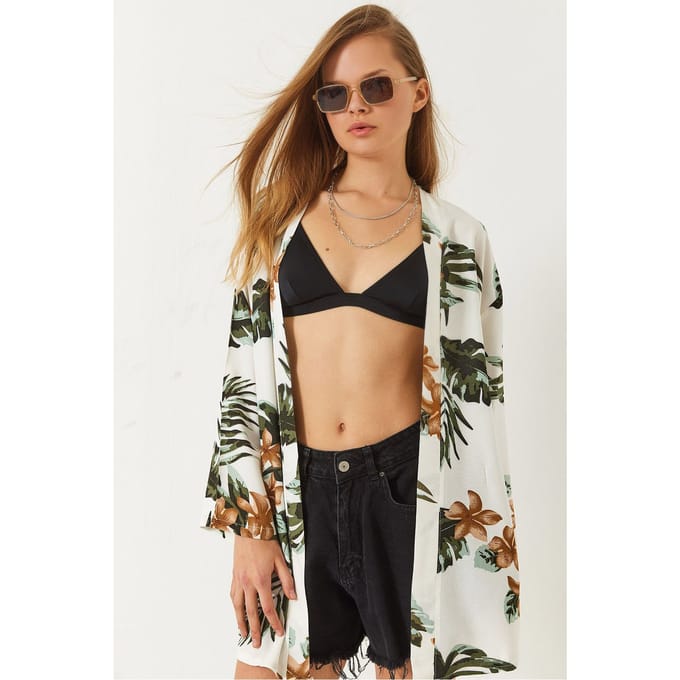 Floral Geprinte Losse Fit Kimono met Sjaalkraag