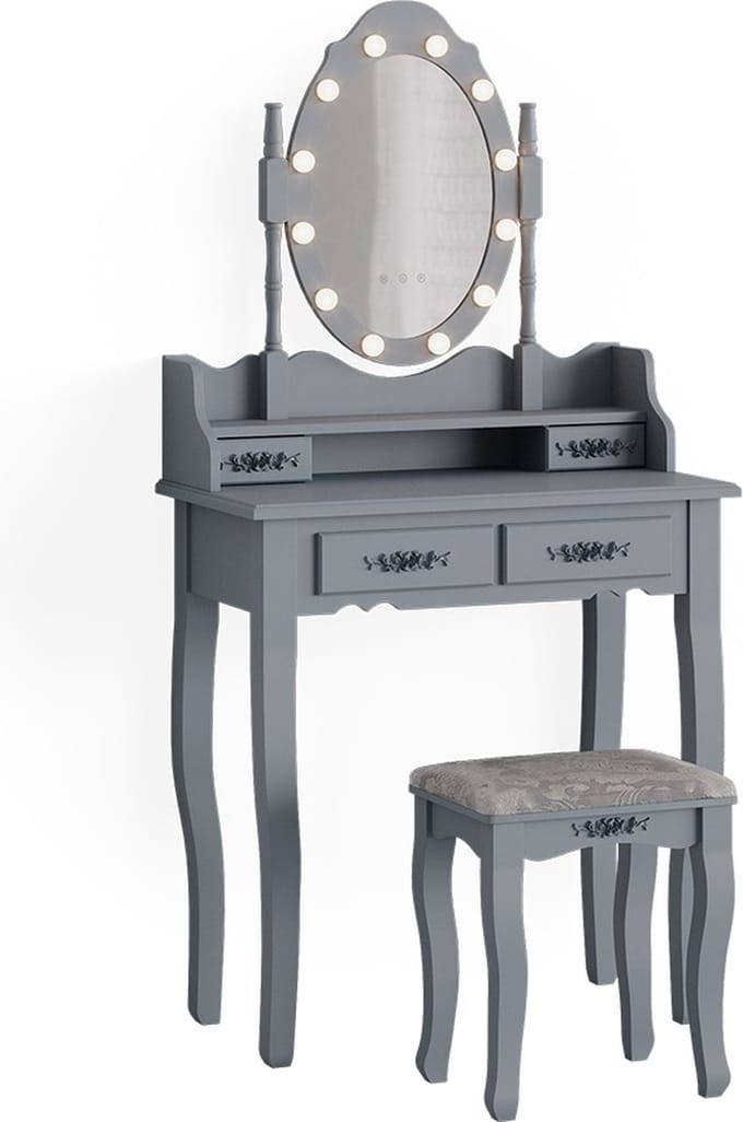 Vicco Kaptafel set met kruk Maggie, Grijs, 75 cm met LED-spiegel en kruk