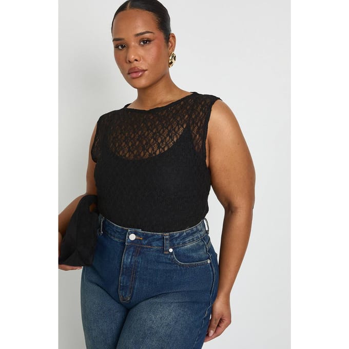 boohoo Dames Plus Kanten Racerback Bodysuit | Black | Maat: 24
