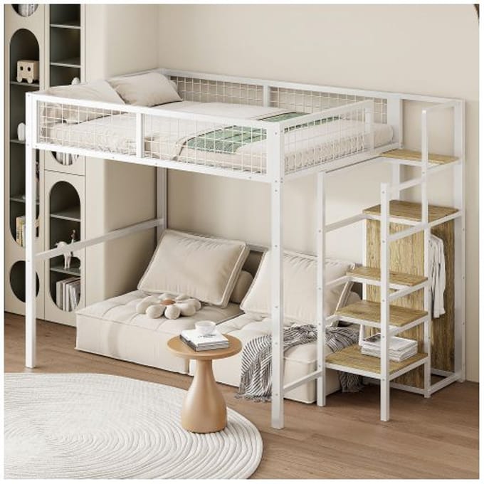 Lit mezzanine - MUVOE - 140x200 cm - Métal blanc - Échelle de sécurité - Rangement intégré blanc