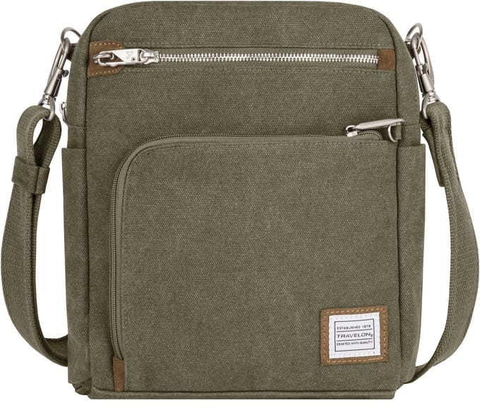 Travelon Heritage Anti-diefstal Tour Bag – Sage – Ruime schoudertas met RFID, snijbestendige panelen en lock-down strap