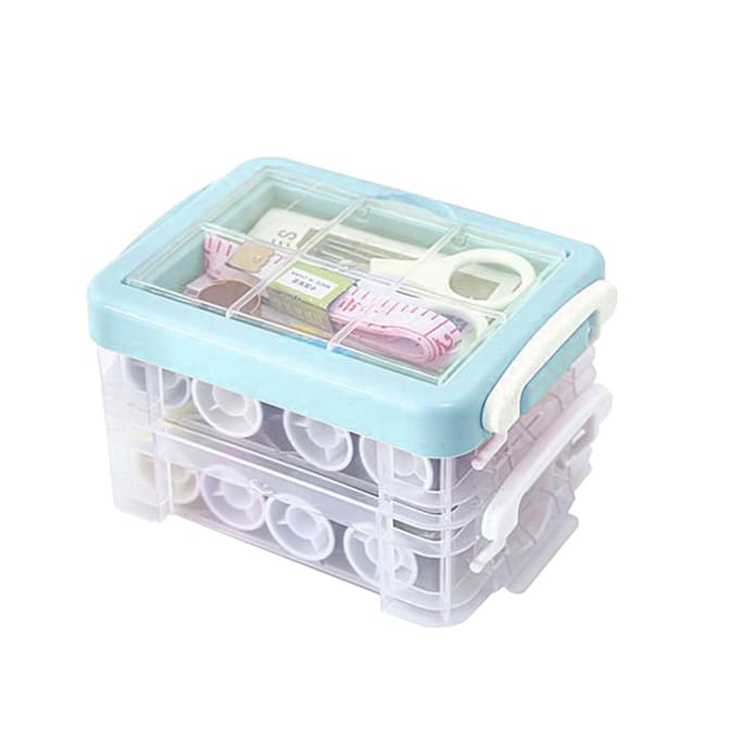 Boîte à couture 30 pièces Ensemble complet d'outils Trois couches Double usage Poignée Kit de couture avec étui pour la maison Blue white