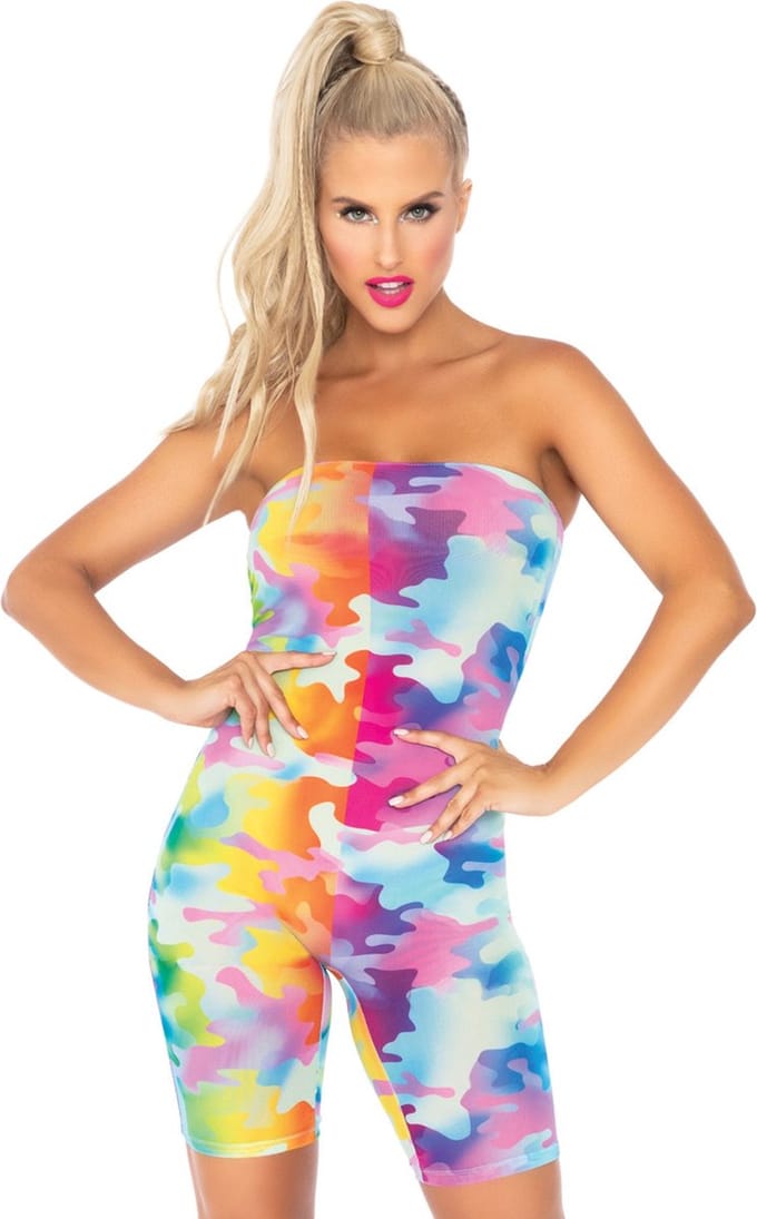 Rainbow camo strapless romper