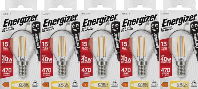 Energizer energiezuinige filament Led kogellamp - E14 - 5 Watt - warmwit licht - dimbaar - 5 stuks