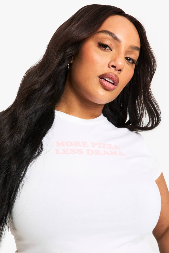 boohoo Dames PLUS MEER PIZZA, MINDER DRAMA BABY-TEE | Wit | Maat: 48