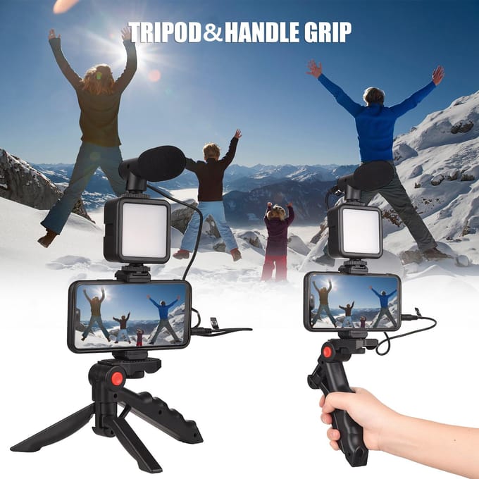 Smartphone Vlog Kit Mini LED Videolamp + Cardioïde Microfoon + Uitschuifbare Telefoonclip + Statief zwart