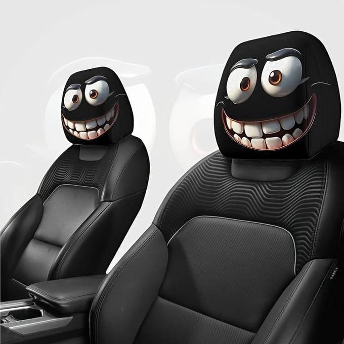 1 pièce Housse de repose-tête de voiture imprimée visage souriant amusant, Housse de protection douce et élastique pour repose-tête de siège 2 pcs  black