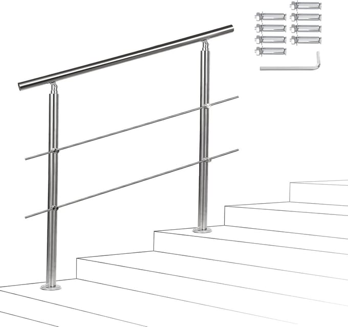 RVS Trapleuning 80 cm met 2 Dwarsbalken Binnen en Buiten Geschikt als Balustrade