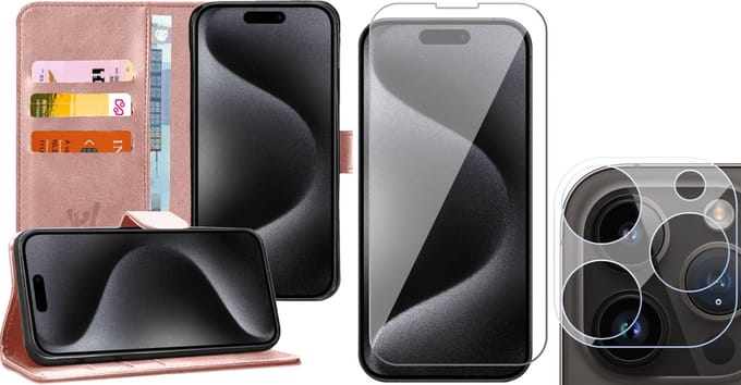 Hoesje geschikt voor iPhone 15 Pro Max - Screenprotector GlassGuard & Camera Lens Screen Protector - Book Case Kunstleer Pasjeshouder Rosegoud