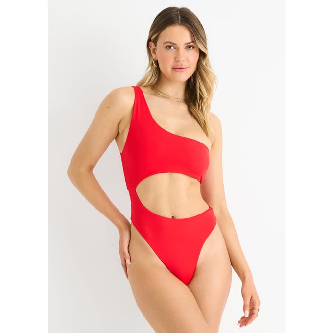 Rood badpak met één schouder en uitsnijding