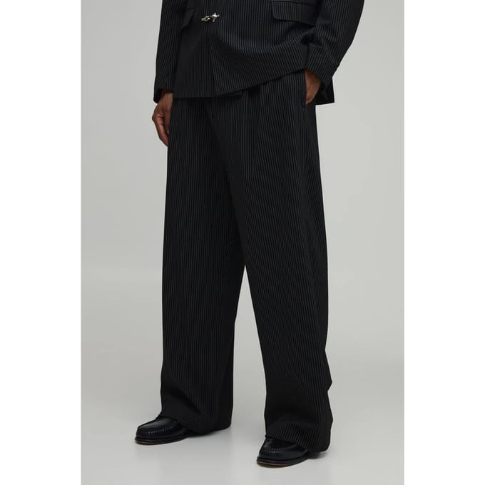 Tailored Krijtstreep Plooifront Wijde Pasvorm Pantalon | Black | Size 36
