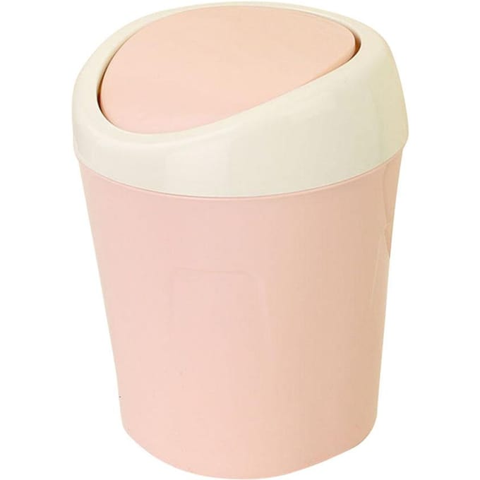 Plastic Mini Desktop Afval Prullenbak met Deksel Draagbare Tafel Opbergcontainer(Roze) Pink white