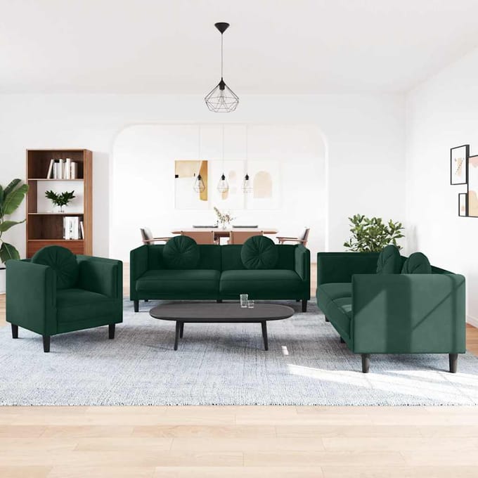 vidaXL - 3-delige - Loungeset - met - kussens - fluweel - donkergroen