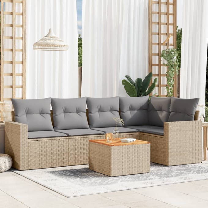 vidaXL - 6-delige - Loungeset - met - kussens - poly - rattan - beige