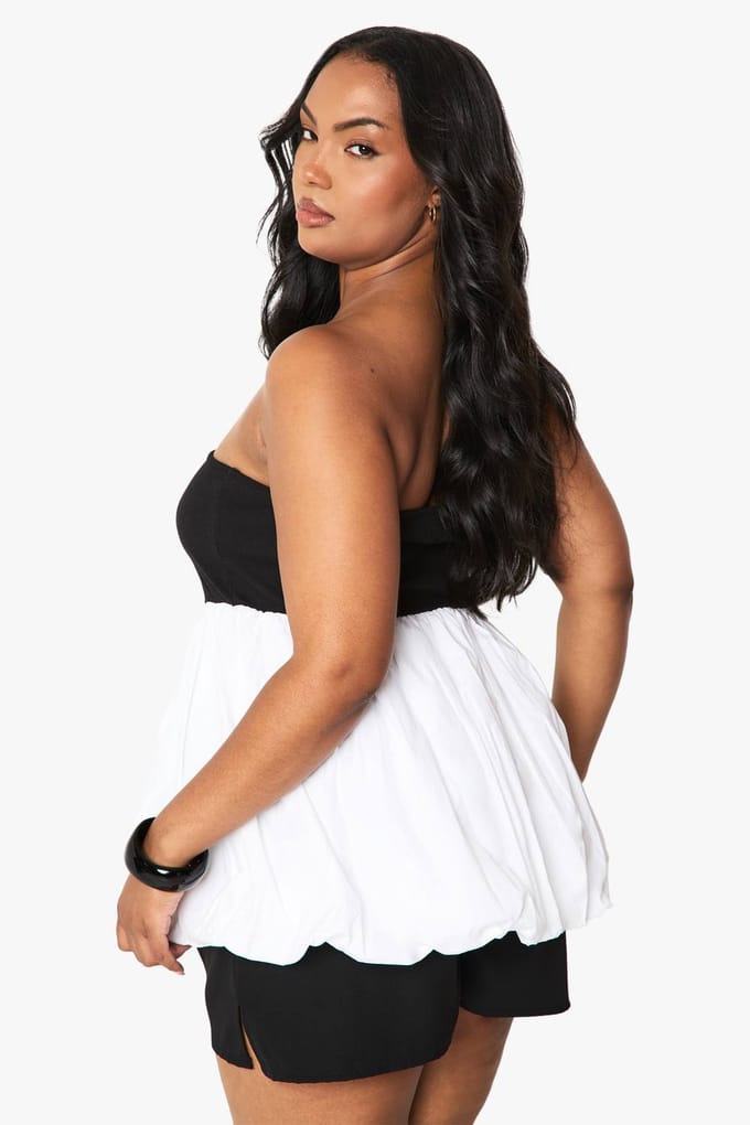 boohoo Dames Plus Stoffenmix Bandeau Puffball Top | White | Maat: 20