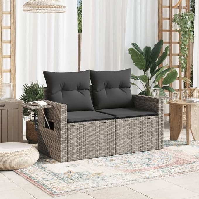 vidaXL - Tuinbank - 2-zits - met - kussens - poly - rattan - grijs