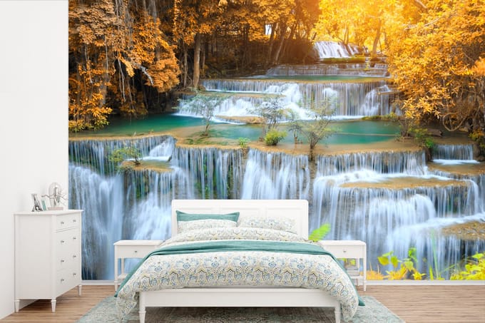 Behang - Fotobehang Waterval - Herfst - Bomen - Bruin - Water - Breedte 330 cm x hoogte 220 cm
