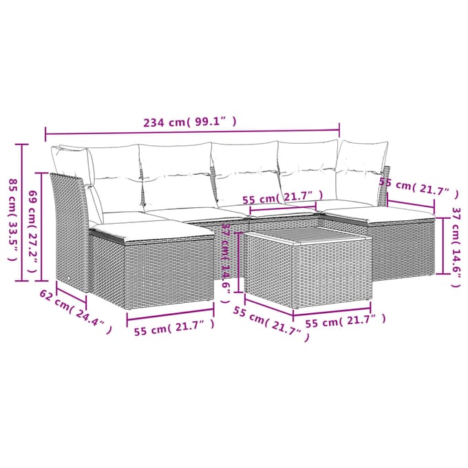 vidaXL - 7-delige - Loungeset - met - kussens - poly - rattan - zwart