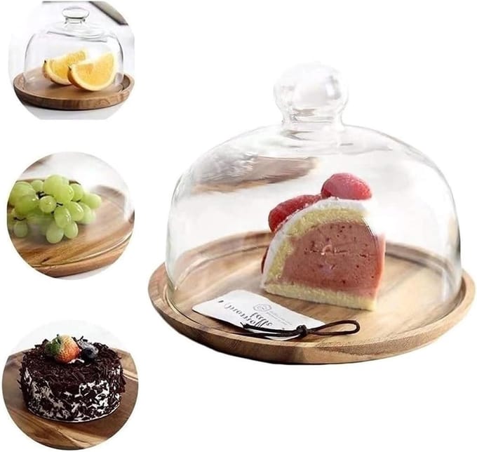 Taartstandaard met Dome - Taart Display - Feestelijk Presenteren - Acaciahout en Glas - 10 Inch - Khaki
