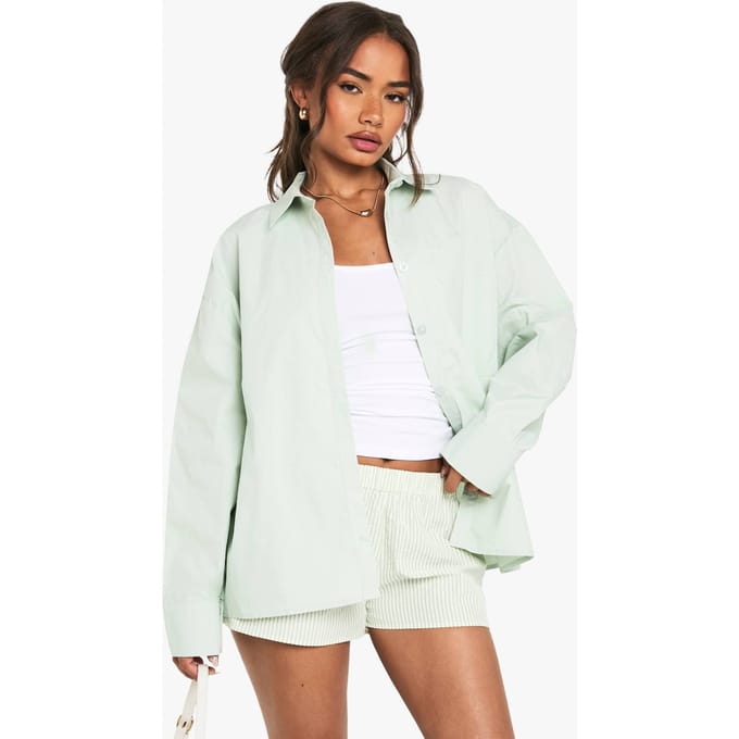 boohoo Dames Katoenen popeline oversized shirt | Sage | Maat: 6