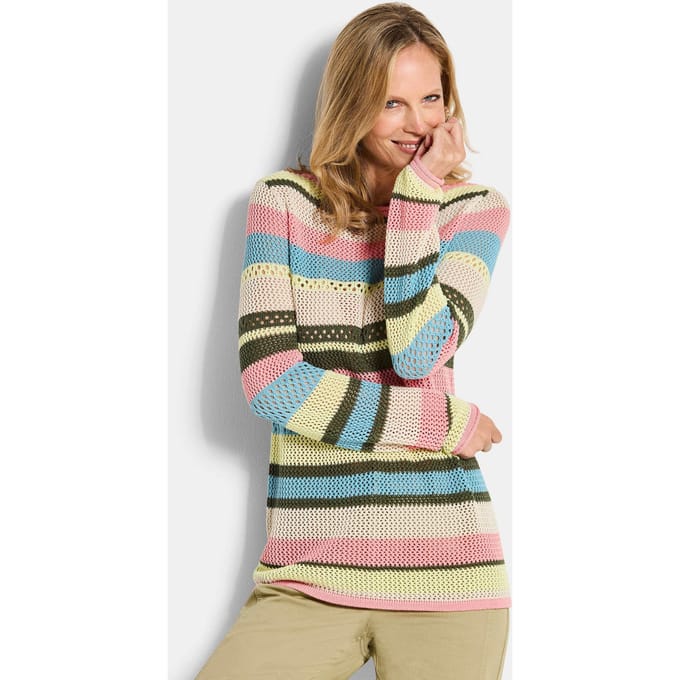 Gestreepte pullover met ajourpatroon - meerkleurig / gedess. - Gr. 50 van Goldner Fashion