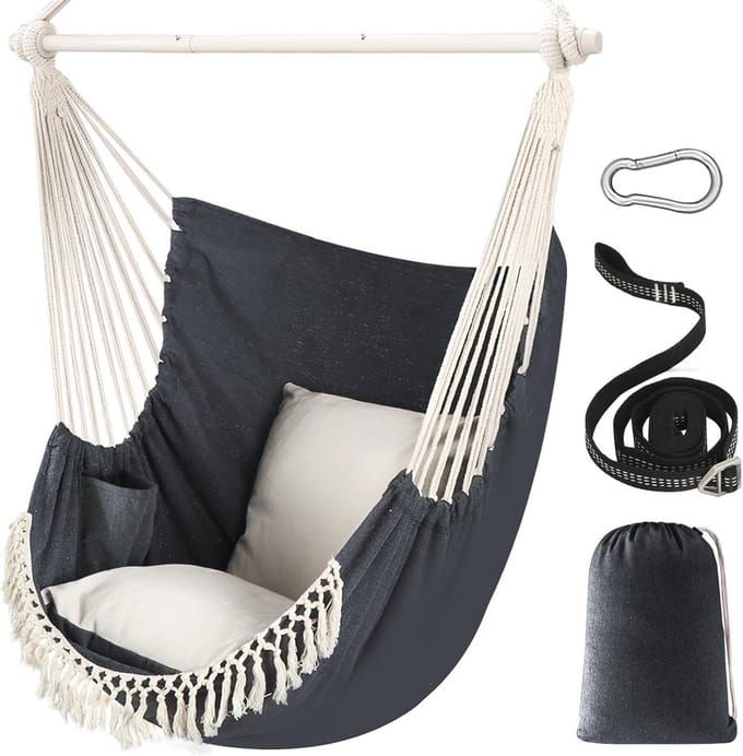 Boho Hangstoel met 2 Kussens en Metalen Stroostang - Maximaal 227 kg