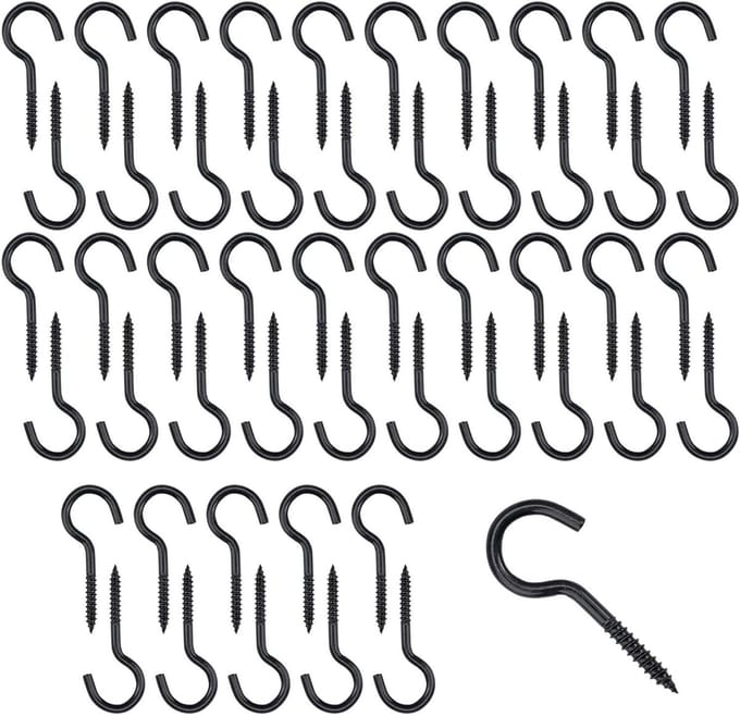 50 Stainless Steel Black Small Screw Hooks for Ceiling Lights, Light Chains, and Plants