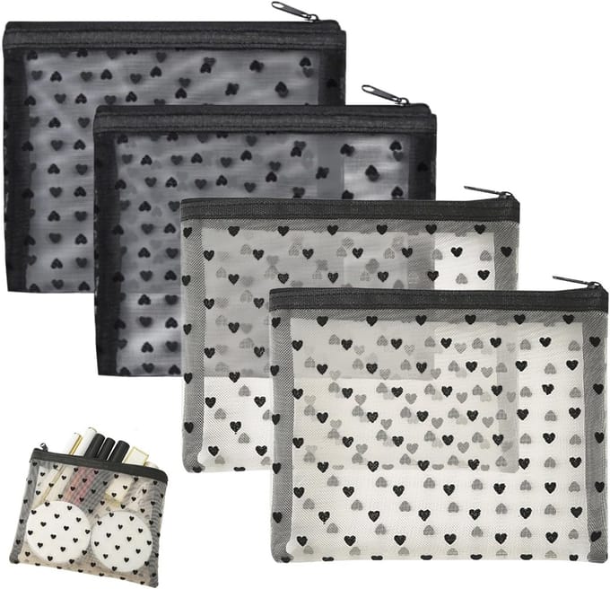 Kleine cosmetica- en make-uptasjes - Set van 4, zwart en gebroken wit - Draagbaar met ritssluiting