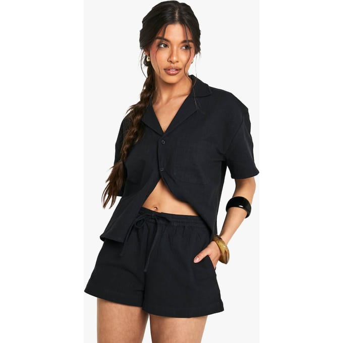 boohoo Dames Linnen Look Trekkoord Shorts | Black | Maat: 16