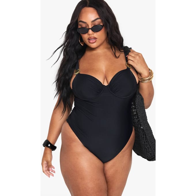 boohoo Dames Plus Sunshine Trim Balkon Badpak | Zwart | Maat: 54