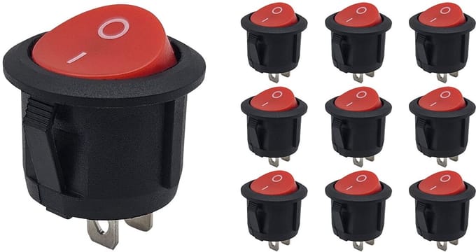 ProRide Mini Wipschakelaar ON/OFF KCD2-10 - 2-pins - Ø13.8mm - Rond - 250V/3A - Rood - 10 stuks