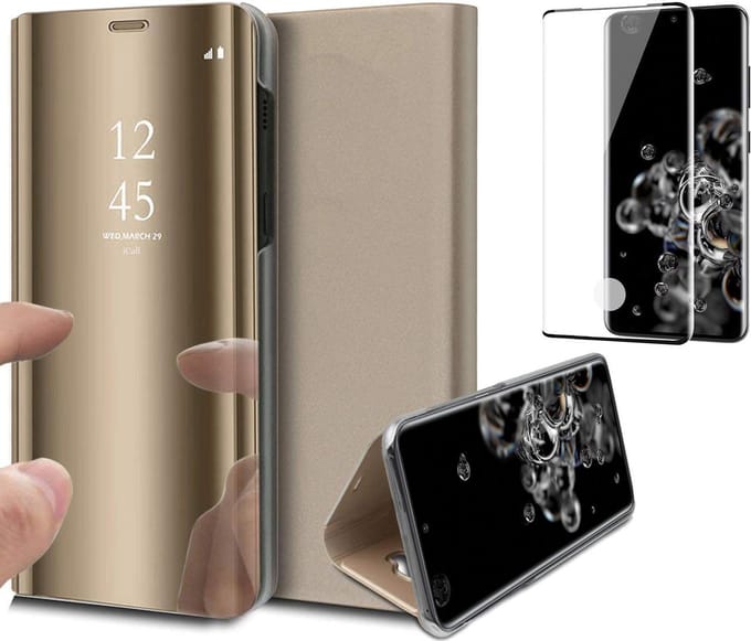 Hoesje geschikt voor Samsung S20 Ultra en Screenprotector Book Case Spiegel + Screenprotector Full - Goud
