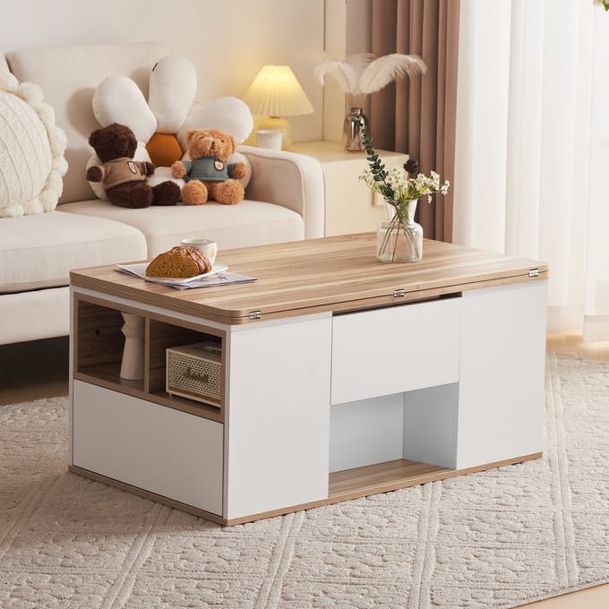 Multifunctionele Salontafel - 100 x 50 x 47,5 cm - Verstelbaar met 4 Lades - Grote Capaciteit - Wit en Hout - Wit