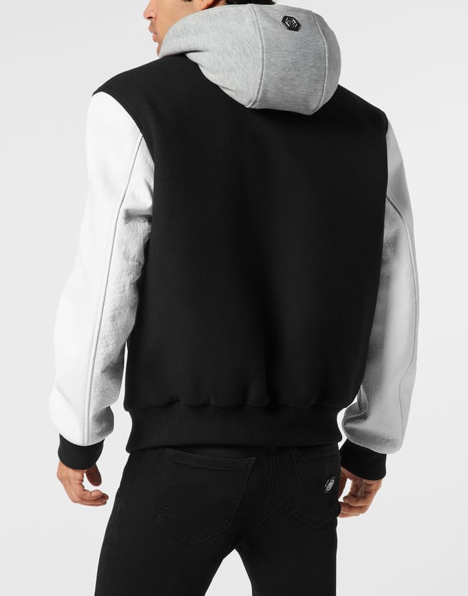 Hooded Varsity Bomber With Leather Sleeves Greatness