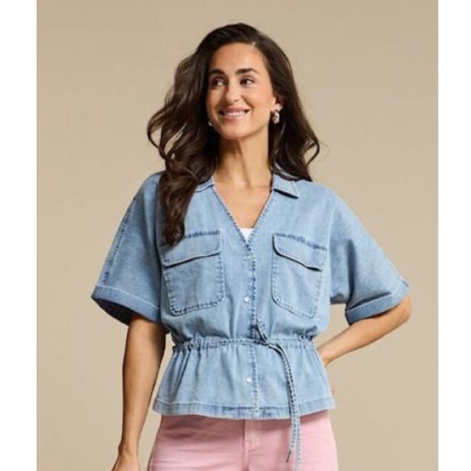 Red Button Blouse Drew Drawstring Denim Srb4869 Light Stone Dames Maat - XL