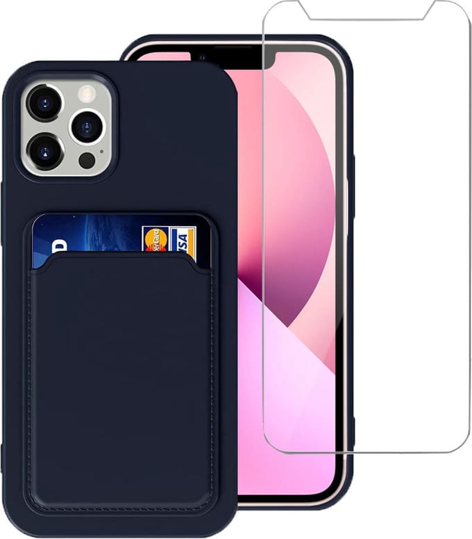 Geschikt voor iPhone 13 Pro Max Hoesje Siliconen Blauw Pasjeshouder Case + Screenprotector