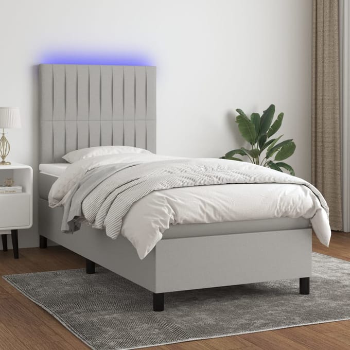 vidaXL - Boxspring - met - matras - en - LED - stof - lichtgrijs - 90x200 - cm