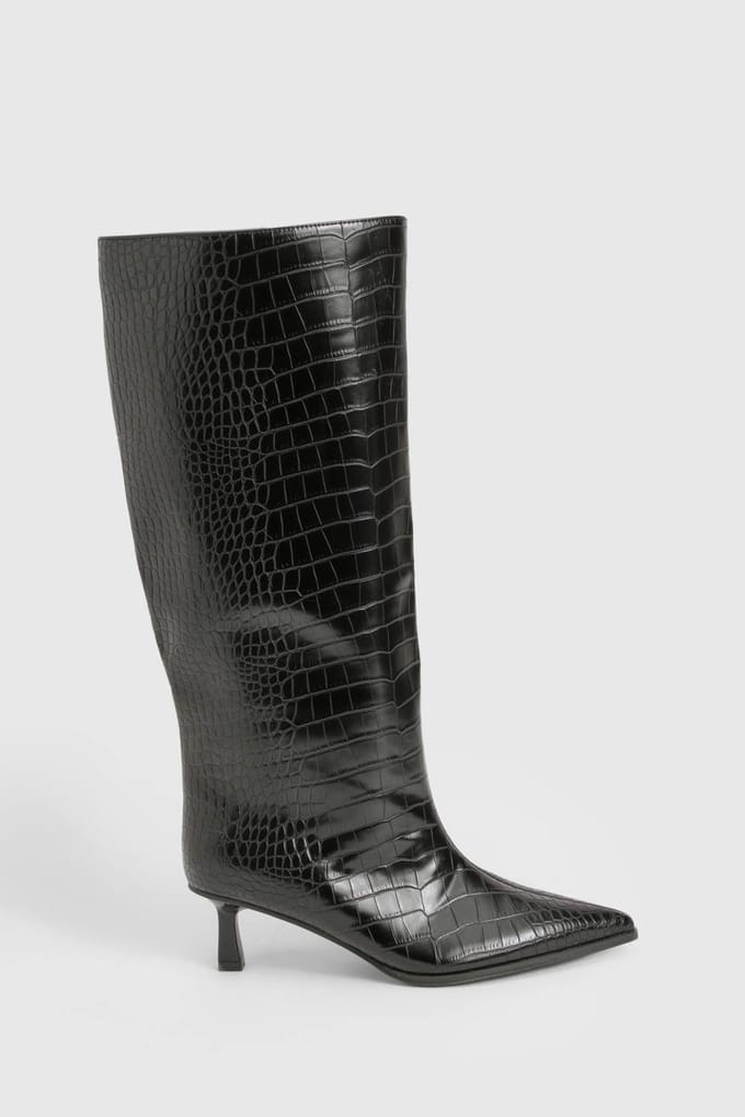 boohoo Dames Croco Lage Stiletto Column Laarzen | Black | Maat: 5