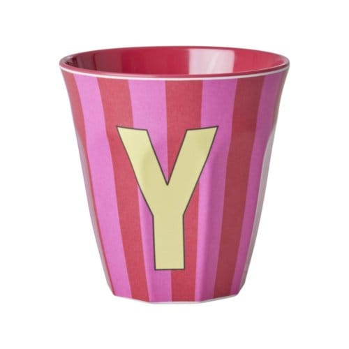 Rice melamine beker medium gestreept letter y, roze