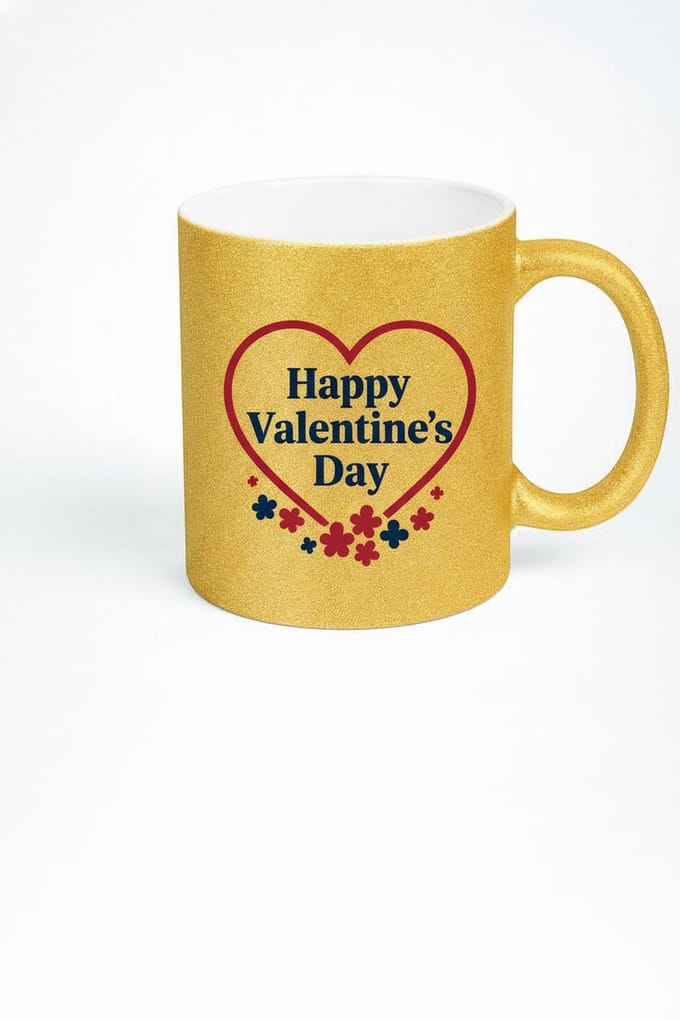 Gouden Glitter Valentijn Mok met Hart en 'Happy Valentine's Day' - Romantisch Cadeau