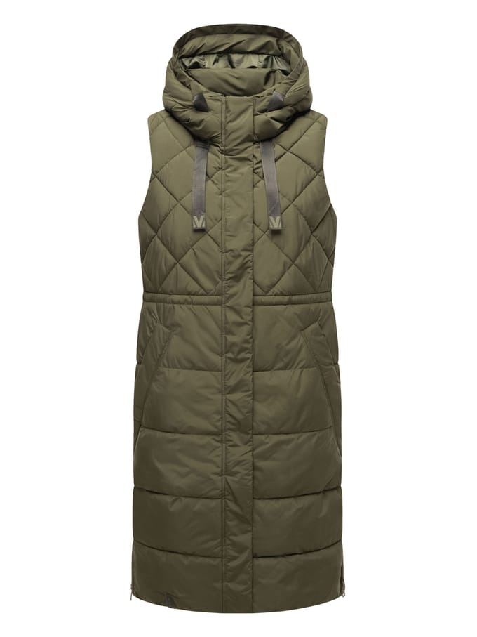 Marikoo lange gewatteerde damesbodywarmer met capuchon – Narikaa