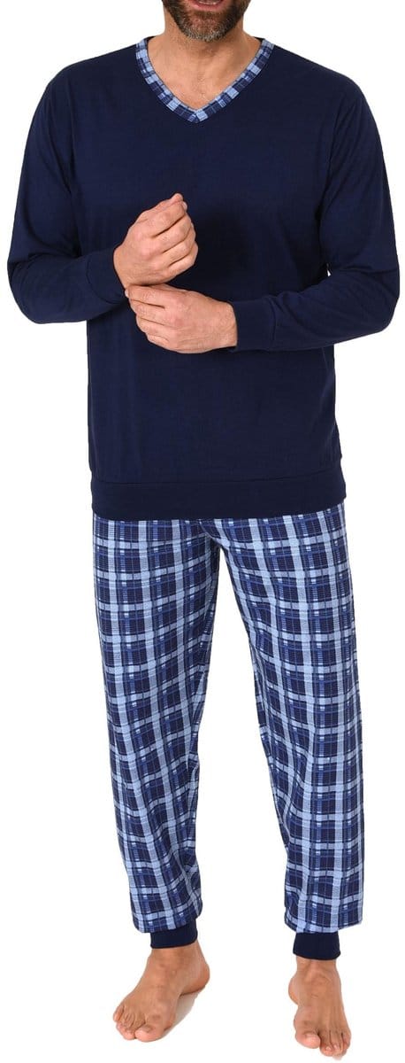 Normann herenpyjama met lange mouwen en geruite pyjamabroek van jersey