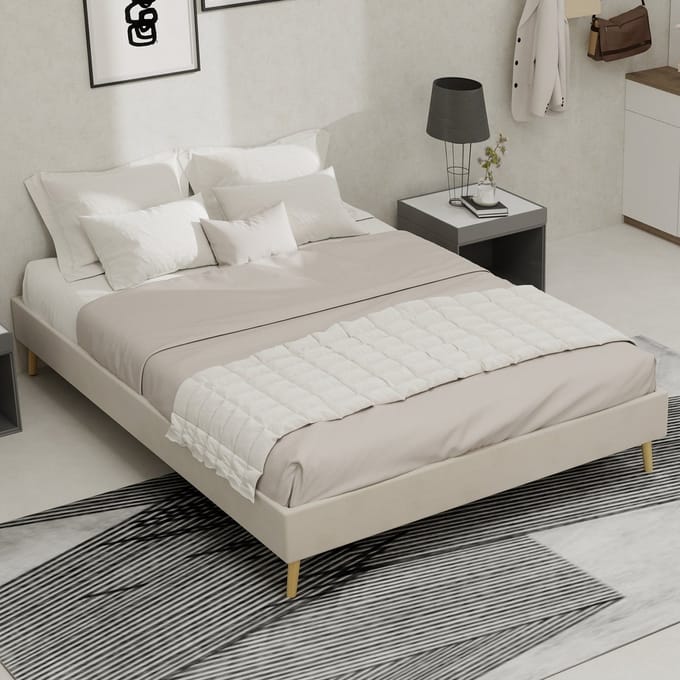 REDOM Platformbed 140x200 cm – Hollands fluweel – Moderne stijl – Beige