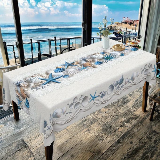 Tafelkleed met Oceaan Thema, Kuststrand Stijl Tafelhoes Zeester Schelp Schelp Koraal Zand Vlinder Print, Polyester Rond Rechthoek 140x200cm