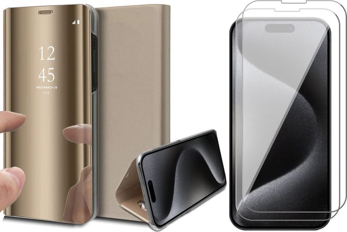 Hoesje geschikt voor iPhone 15 Pro Max - 2x Screen Protector GlassGuard - Book Case Spiegel Goud & Screenprotector