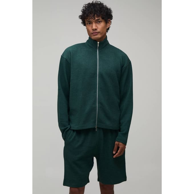 Oversized Boxy Geribbeld Trainingspak Met Dubbele Ritssluiting En Col Kort Model | Forest | Size Medium
