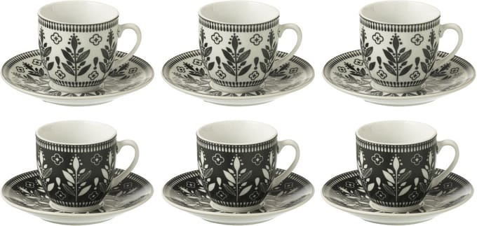 J-Line kop + schoteltje Bladeren - keramiek - zwart/wit - doos van 6