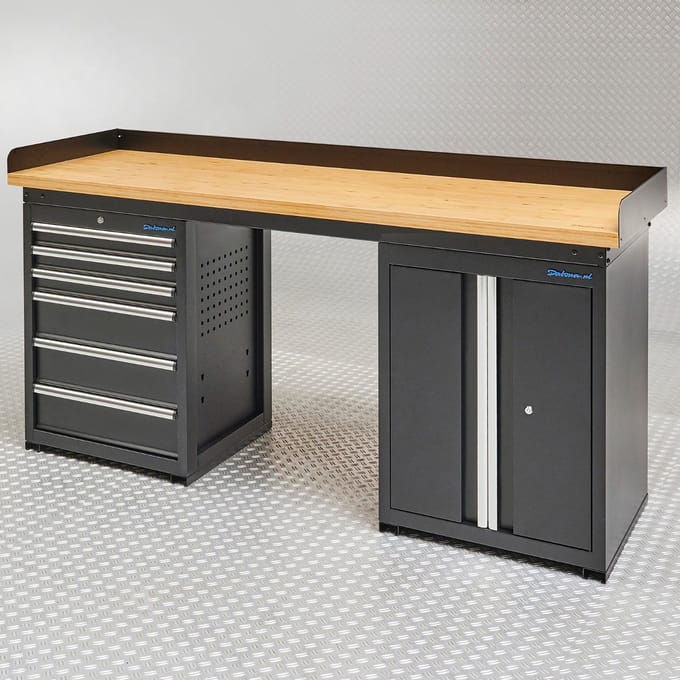 Datona® Werkbank PRO bamboe - 6 lades - opbergkast - 200 cm - Zwart