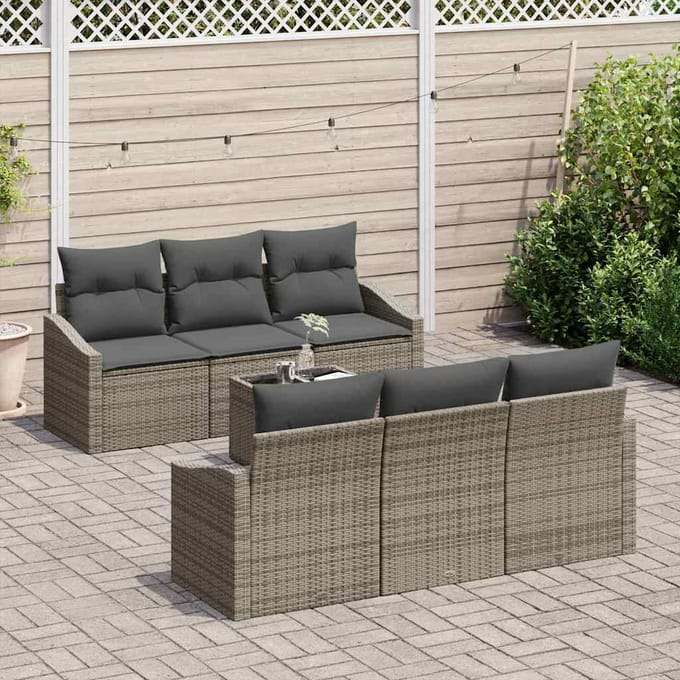 vidaXL Bankstel met kussen met opslag 7 pcs Grijs poly rattan