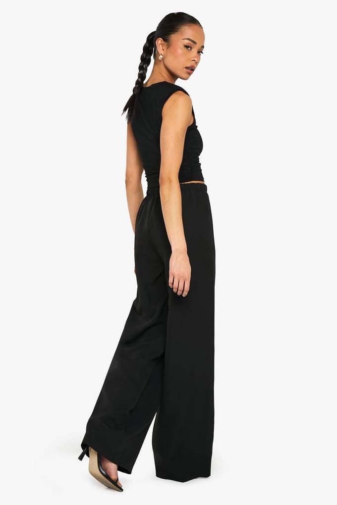 boohoo Dames Geweven elastische wijde broek | Zwart | Maat: 38
